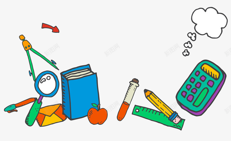 开学学习用品矢量图ai免抠素材_新图网 https://ixintu.com 书本 学习用品 尺子 放大镜 计算器 铅笔 矢量图