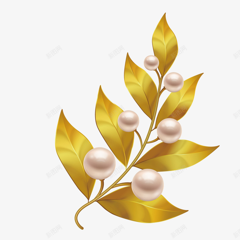 胸针png免抠素材_新图网 https://ixintu.com 珍珠 珠宝 精致 金叶子 金色
