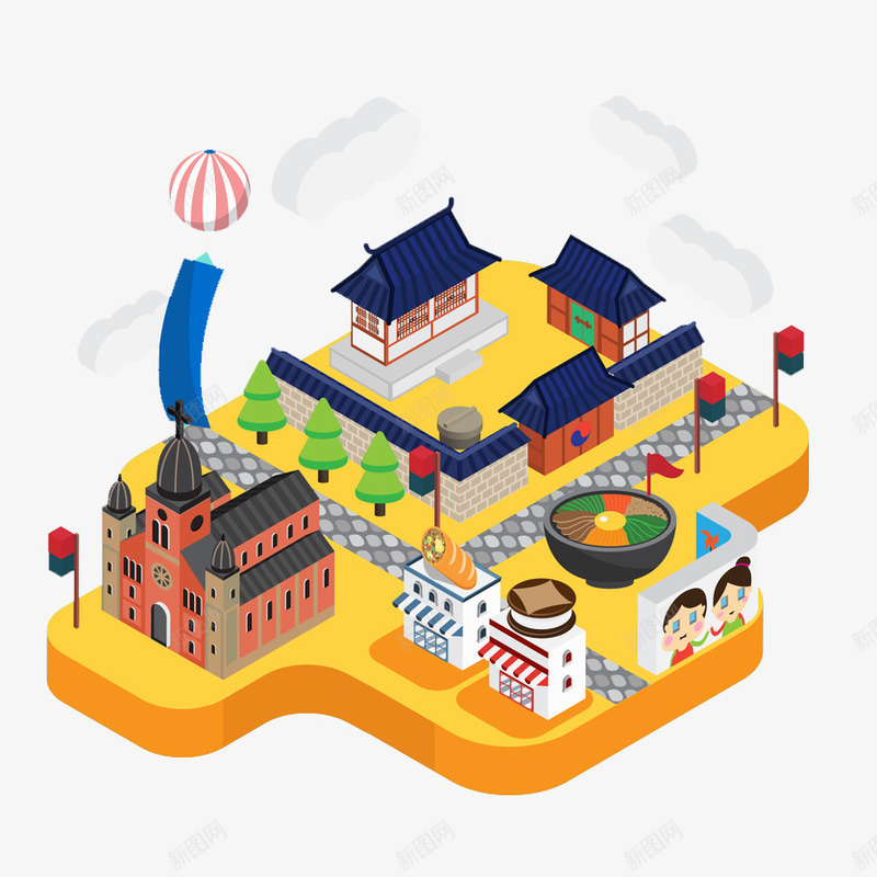 蓝色古风建筑png免抠素材_新图网 https://ixintu.com 3D 俯视图 创意 卡通 古风 商务 建筑物 手绘 旅游插画