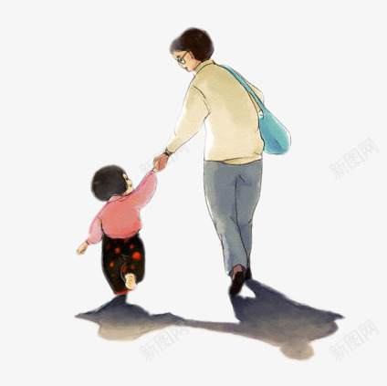 妈妈牵着宝贝插画psd免抠素材_新图网 https://ixintu.com 插画