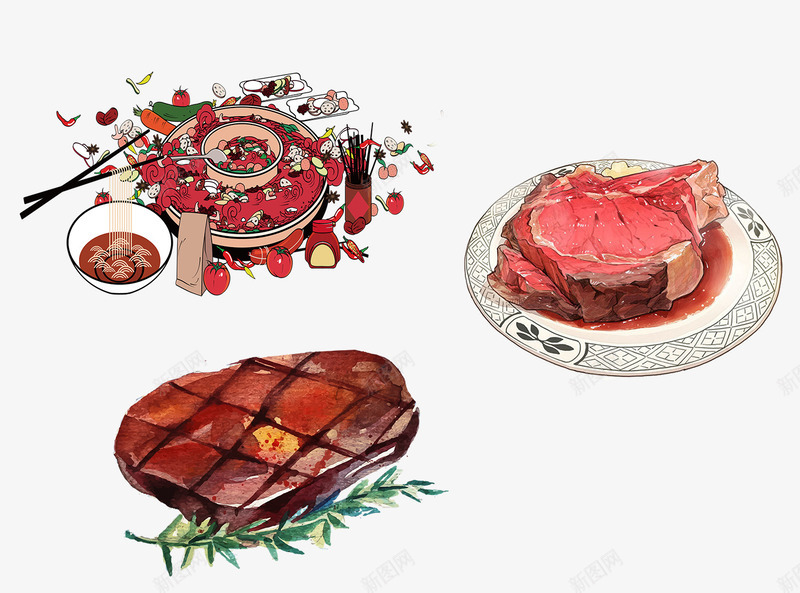 手绘美食png免抠素材_新图网 https://ixintu.com 火锅 牛肉 美食 菜肴