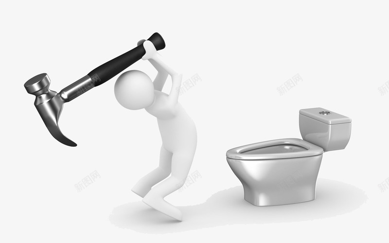 修理马桶png免抠素材_新图网 https://ixintu.com 3D商业人物 修理工具 白色3d小人 锤子 马桶