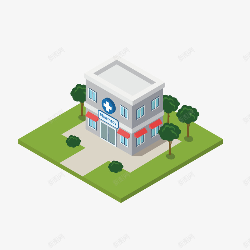 灰色医院大楼png免抠素材_新图网 https://ixintu.com 医院 建筑 灰色 疗养院 立体 绿色 草坪
