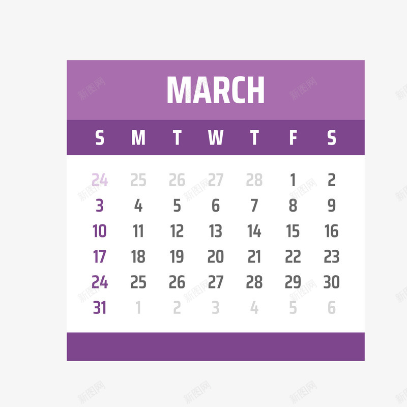 紫白色2019年3月日历矢量图ai免抠素材_新图网 https://ixintu.com 2019年 2019年日历 3月 3月日历 白色 紫色 矢量图