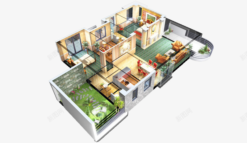 立体轴测图png免抠素材_新图网 https://ixintu.com 3D 3D户型图 卧室 厨房 地产 客厅 广告设计 户型图 灰色