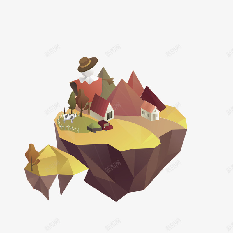 戴帽子的稻草人png免抠素材_新图网 https://ixintu.com 3D 俯视图 农场 卡通 多彩 山 帽子 房屋 手绘 稻草人
