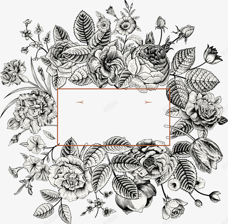 素描花朵边框png免抠素材_新图网 https://ixintu.com 文艺风 灰色叶子 灰色花朵 素描花朵 花朵装饰 花朵边框
