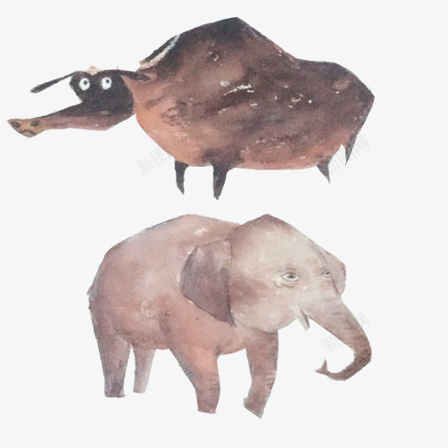 手绘非洲草原动物片png免抠素材_新图网 https://ixintu.com 大象 水彩画 灰色调 牦牛
