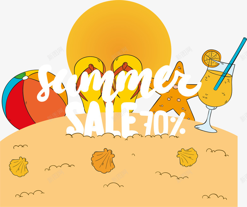 卡通沙滩夏日折扣海报png免抠素材_新图网 https://ixintu.com SALE 沙滩 沙滩拖鞋 海星 鲜榨果汁