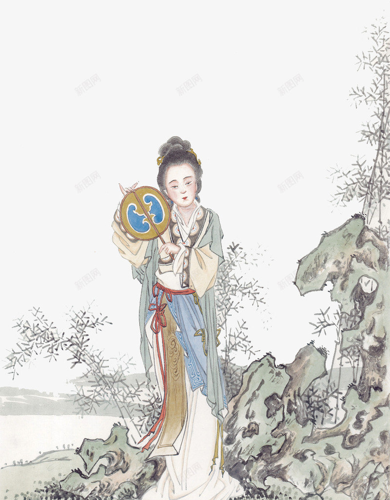 美人图png免抠素材_新图网 https://ixintu.com 中国画 中国风 仕女 古代仕女图 小树 扇子 松树 树 灰色 石头 美人 青色 黄色