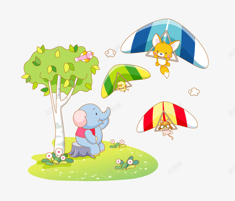 可爱动物生活主题png免抠素材_新图网 https://ixintu.com 可爱动物 大象 生活主题 草地 降落伞
