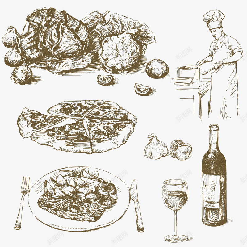 手绘厨房插画png免抠素材_新图网 https://ixintu.com 披萨 红酒 蔬菜