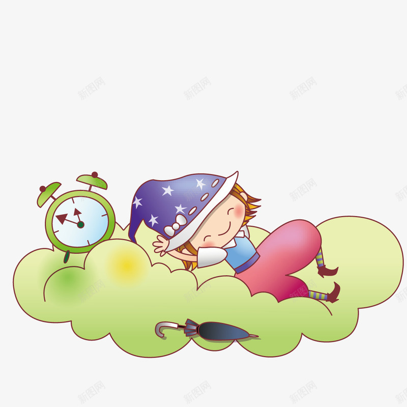 在绿色云朵上睡觉的小女孩矢量图ai免抠素材_新图网 https://ixintu.com 云朵 女孩 熟睡少女 睡觉 矢量图 绿色 闹钟