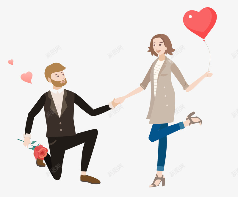 手绘求婚的男人图png免抠素材_新图网 https://ixintu.com 单脚跪地 单膝跪地 卡通 女人 求婚 爱心 玫瑰花 男人