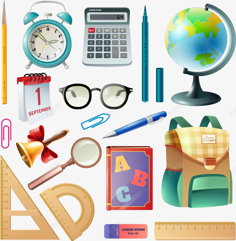 学习工具png免抠素材_新图网 https://ixintu.com 地球仪 学习 放大镜 时钟 眼镜 计算器 闹钟