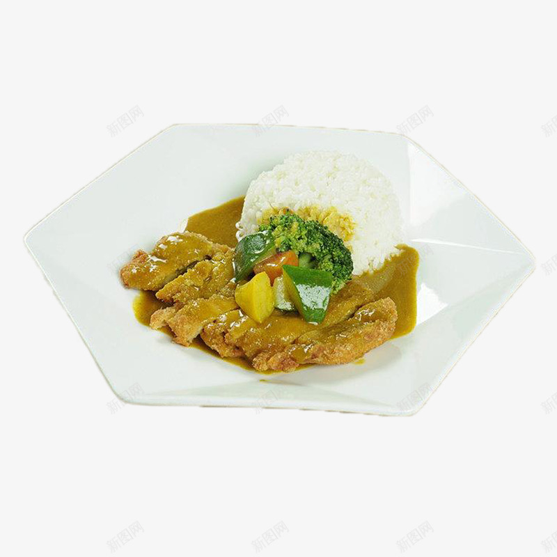 特色美食咖喱鸡排饭png免抠素材_新图网 https://ixintu.com 主食 咖喱酱汁 咖喱鸡排饭 土豆块 拌饭 白米饭 西兰花 鸡肉