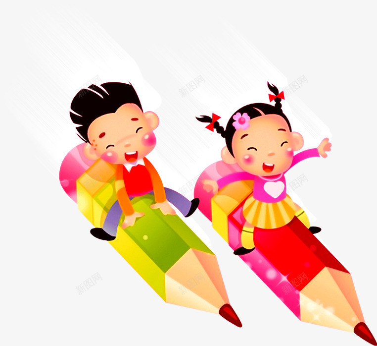开学季手绘骑铅笔的小孩png免抠素材_新图网 https://ixintu.com 小孩 开学 铅笔