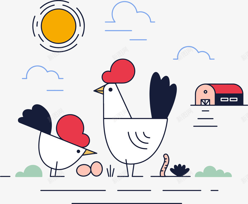 可爱儿童画农场png免抠素材_新图网 https://ixintu.com 公鸡 农场 可爱 太阳 手绘