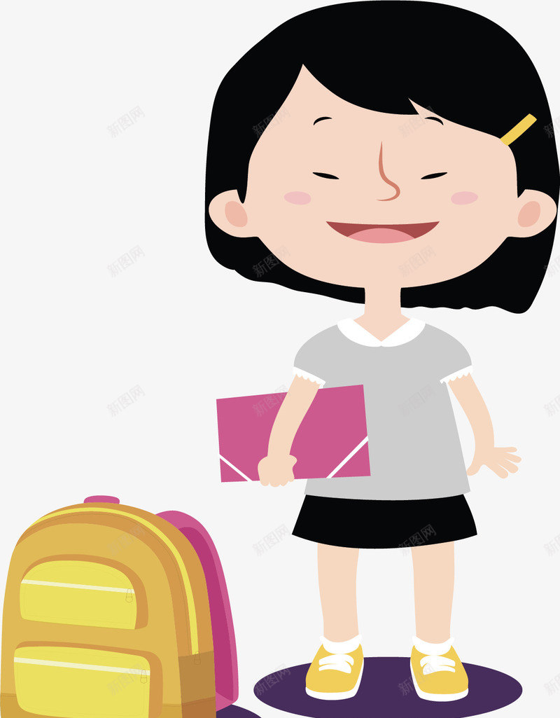 开学季黄色书包女孩矢量图ai免抠素材_新图网 https://ixintu.com 可爱女孩 开学 开学啦 开学季 矢量png 黄色书包 矢量图