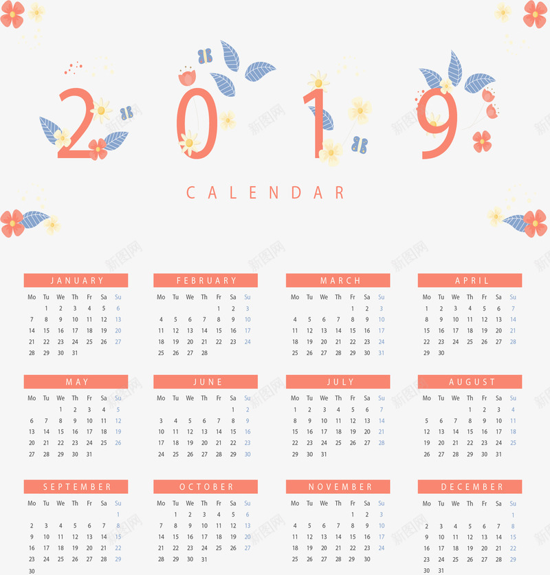 粉红色花朵2019日历矢量图ai免抠素材_新图网 https://ixintu.com 2019日历 日历 矢量png 粉红日历 粉红花朵 花朵日历 矢量图