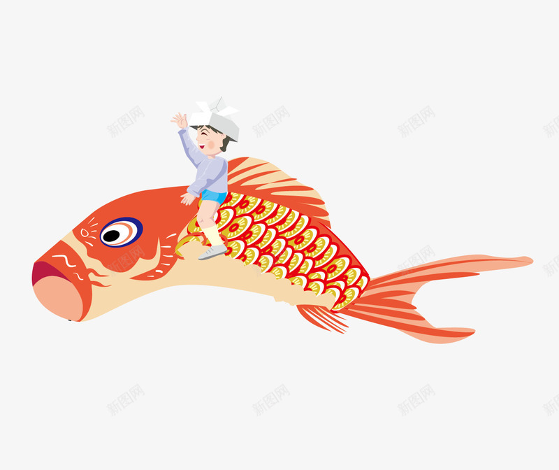 骑着鲤鱼的小孩矢量图ai免抠素材_新图网 https://ixintu.com 矢量鲤鱼 红色的鲤鱼 骑着鲤鱼的男孩 鲤鱼 矢量图
