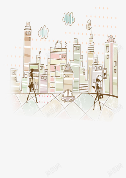 手绘城市街道png免抠素材_新图网 https://ixintu.com 卡通 城市 建筑 街道