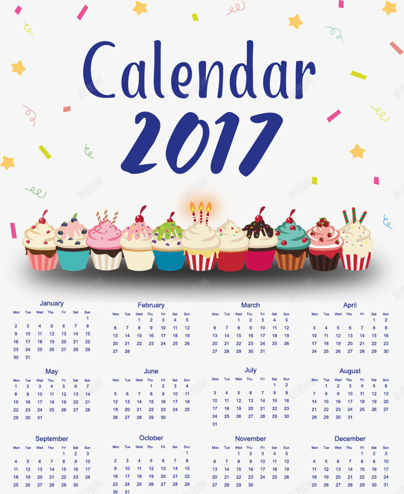 蓝色蛋糕可爱新年日历png免抠素材_新图网 https://ixintu.com 2017台历 可爱 彩带 挂历 新年日历 矢量素材 蓝色 蛋糕