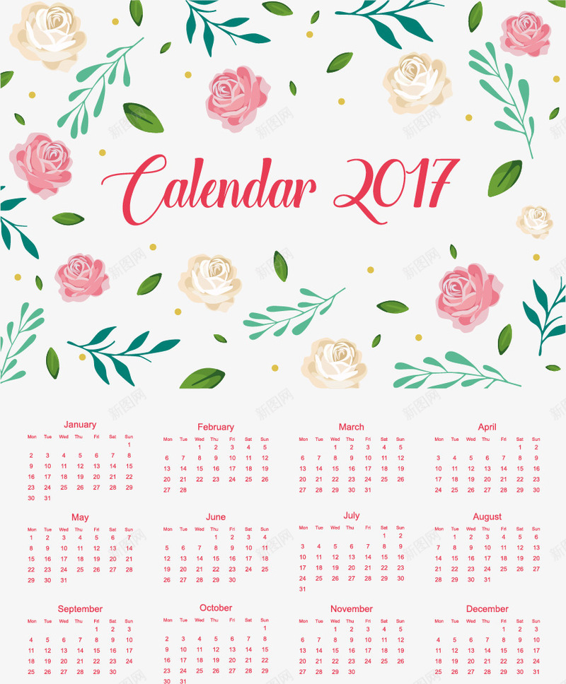 粉色花朵浪漫新年日历png免抠素材_新图网 https://ixintu.com 2017年台历 挂历 新年日历 浪漫风格 矢量素材 粉色 花朵