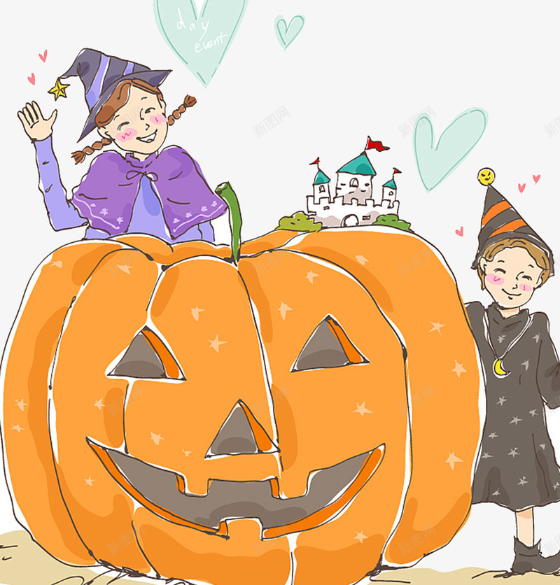 万圣节插画png免抠素材_新图网 https://ixintu.com 万圣节 万圣节狂欢 南瓜头 卡通 城堡 小女孩 巫婆 恐怖 鬼节 魔法