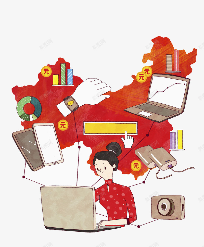 金融经济png免抠素材_新图网 https://ixintu.com 分析 女孩 手绘卡通 折线图 操盘 电脑 红色旗袍 经济 金融