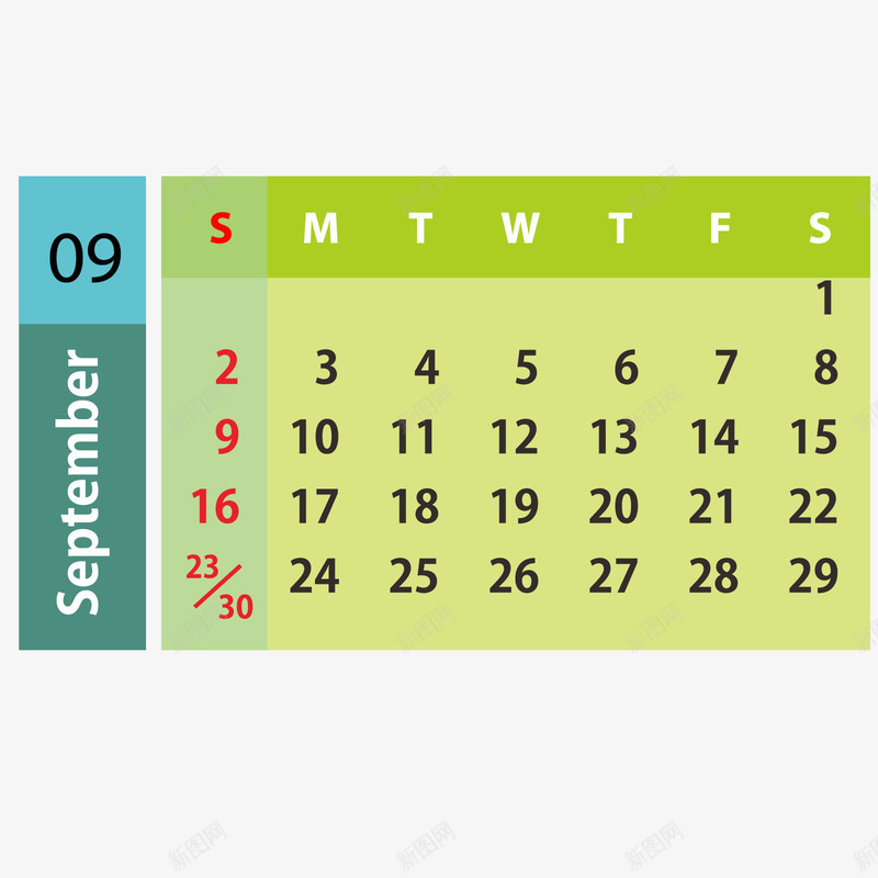 蓝绿色2019年9月日历矢量图ai免抠素材_新图网 https://ixintu.com 2019年 9月 9月日历 红色 绿色 蓝色 黑色 矢量图