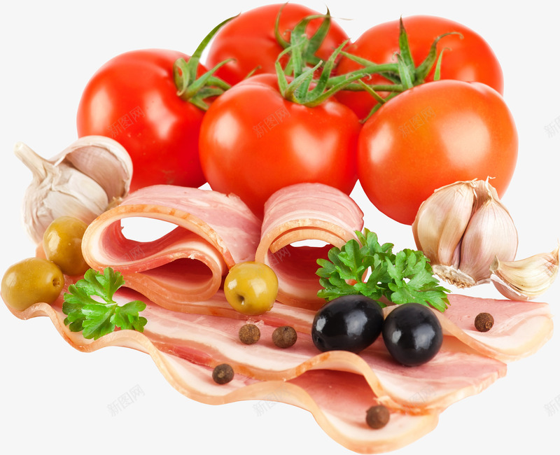 厨房食材png免抠素材_新图网 https://ixintu.com 培根 番茄 肉片 蒜头 西红柿 调味料 食材