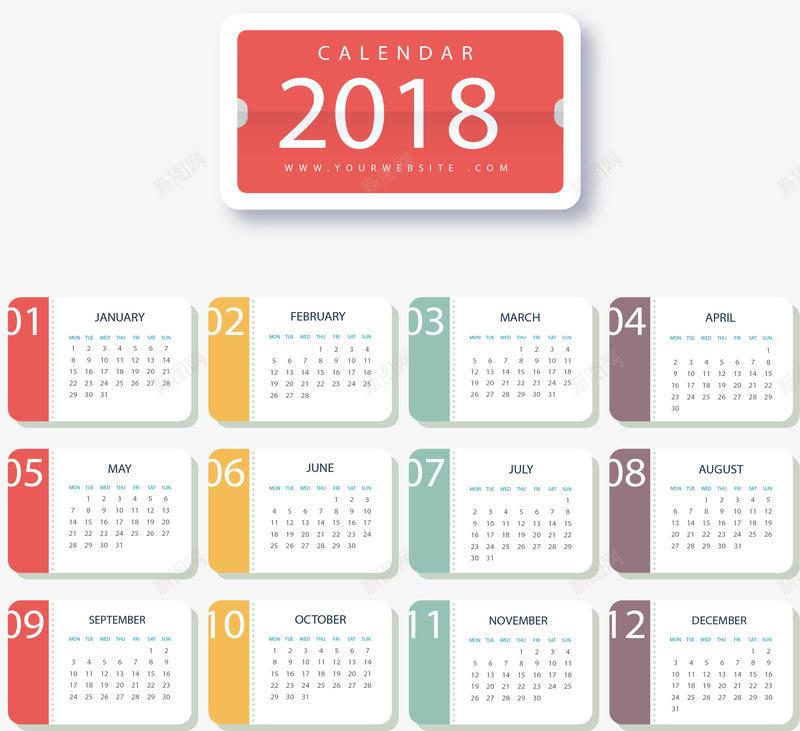 圆角矩形日历模板png免抠素材_新图网 https://ixintu.com 2018年挂历 2018年日历 新年日历 日历模板 矢量png 矩形日历