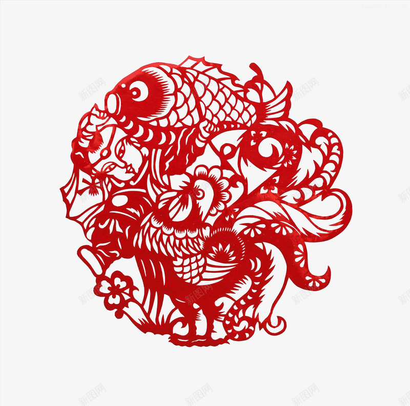金鸡鲤鱼剪纸窗花png免抠素材_新图网 https://ixintu.com 剪纸 属相 生肖 窗花
