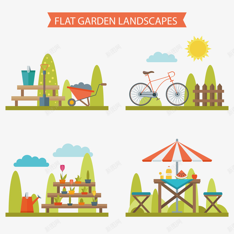 创意花园风景矢量图ai免抠素材_新图网 https://ixintu.com Q版场景 自行车 花园 风景 矢量图