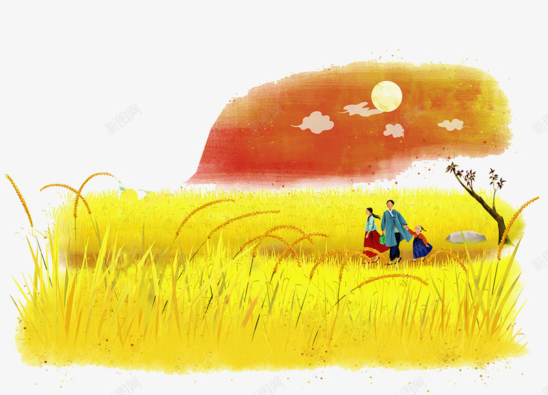 装饰插画秋日农田风景png免抠素材_新图网 https://ixintu.com 一家人 农田插画 农田风景 秋日 装饰插画 迎风吹起 金黄的麦田
