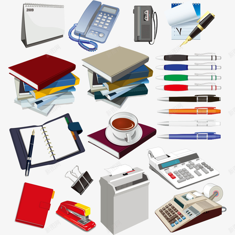 学习用品png免抠素材_新图网 https://ixintu.com 办公 咖啡 学习用品 本子 电话 笔