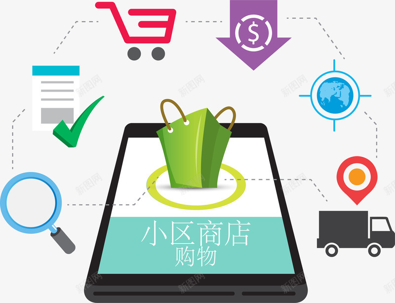 卡通扁平小区网上商店png免抠素材_新图网 https://ixintu.com 卡通商店 商城 商店 小区商店 扁平 手绘 购买
