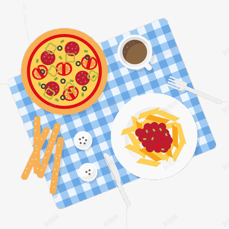 格子餐布食物png免抠素材_新图网 https://ixintu.com 刀叉 披萨 薯条