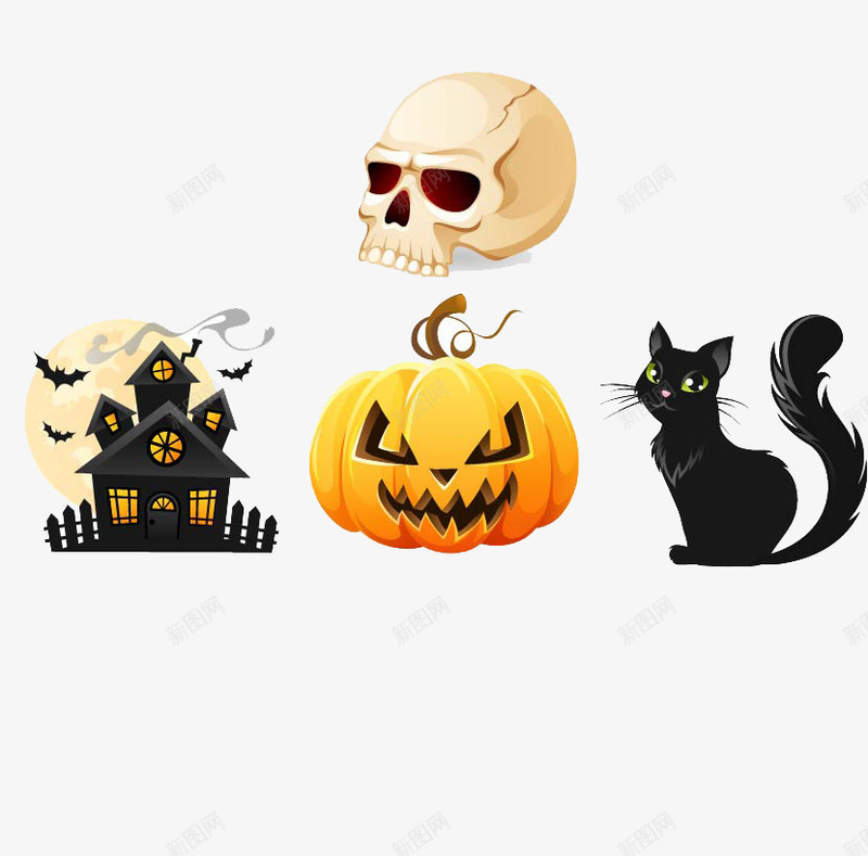 4款万圣节元素png免抠素材_新图网 https://ixintu.com 万圣节 南瓜 骷颅头 黑猫