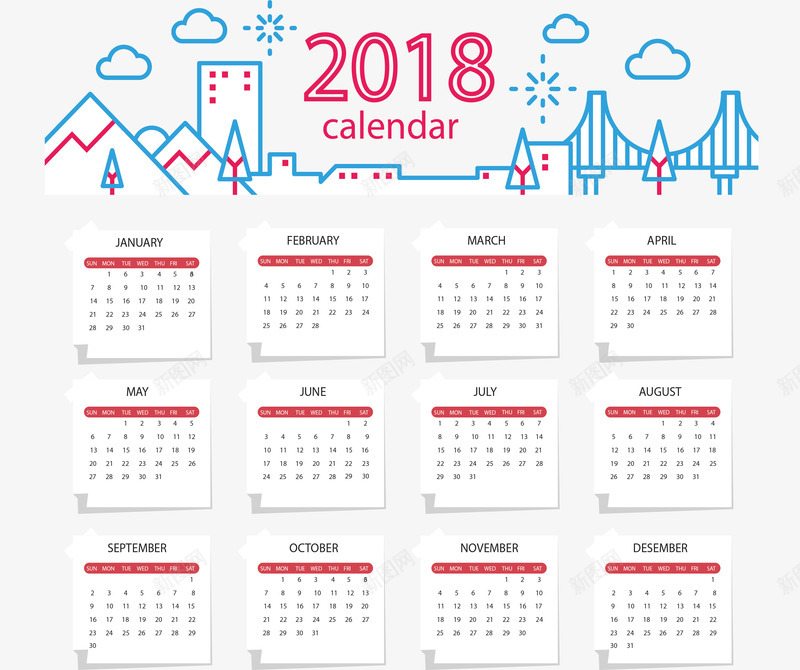 卡通城市风景日历模板png免抠素材_新图网 https://ixintu.com 2018年挂历 2018年日历 日历 矢量png 风景日历 魅力城市