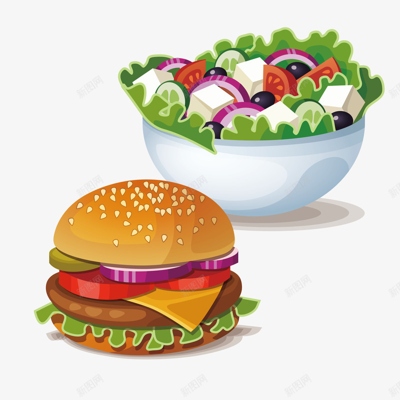蔬菜沙拉矢量图eps免抠素材_新图网 https://ixintu.com 便捷美食 减肥餐 汉堡包 矢量图 矢量源文件素材 美食街 营养套餐