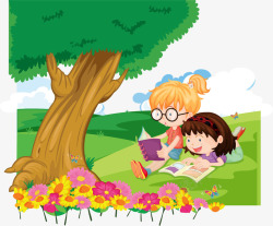 手绘在户外看书的小女孩素材