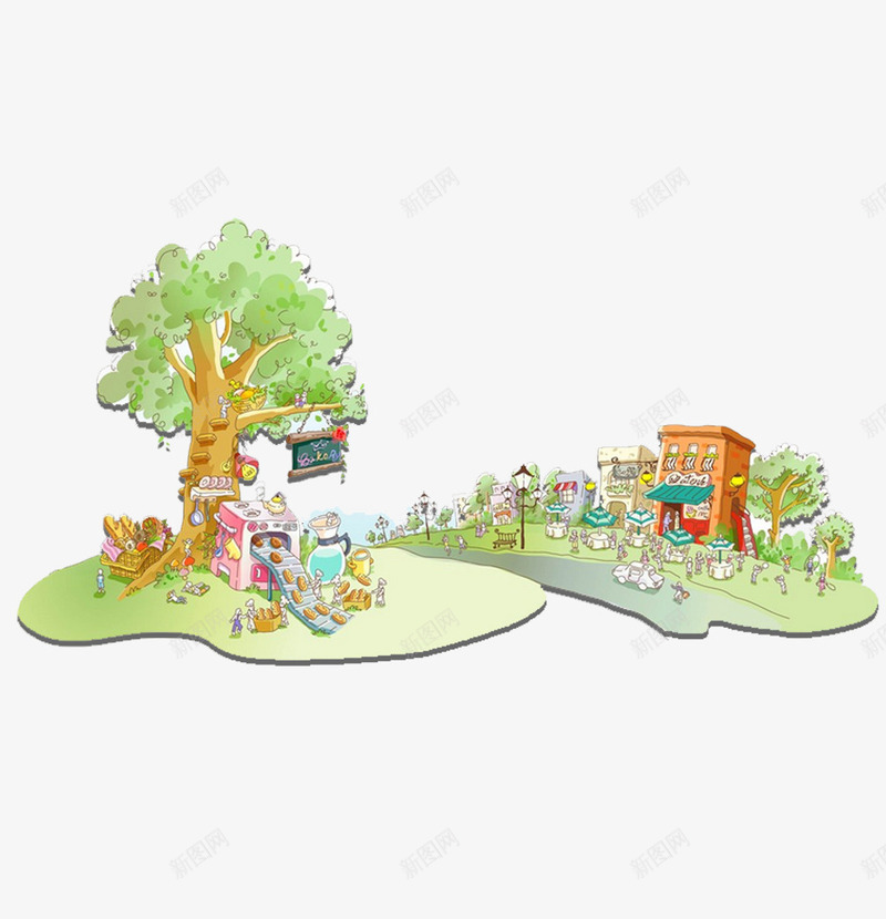 卡通城市建筑png免抠素材_新图网 https://ixintu.com 卡通 房屋 树木 游乐园 玩耍 环节 绿化 绿色 街道 路灯