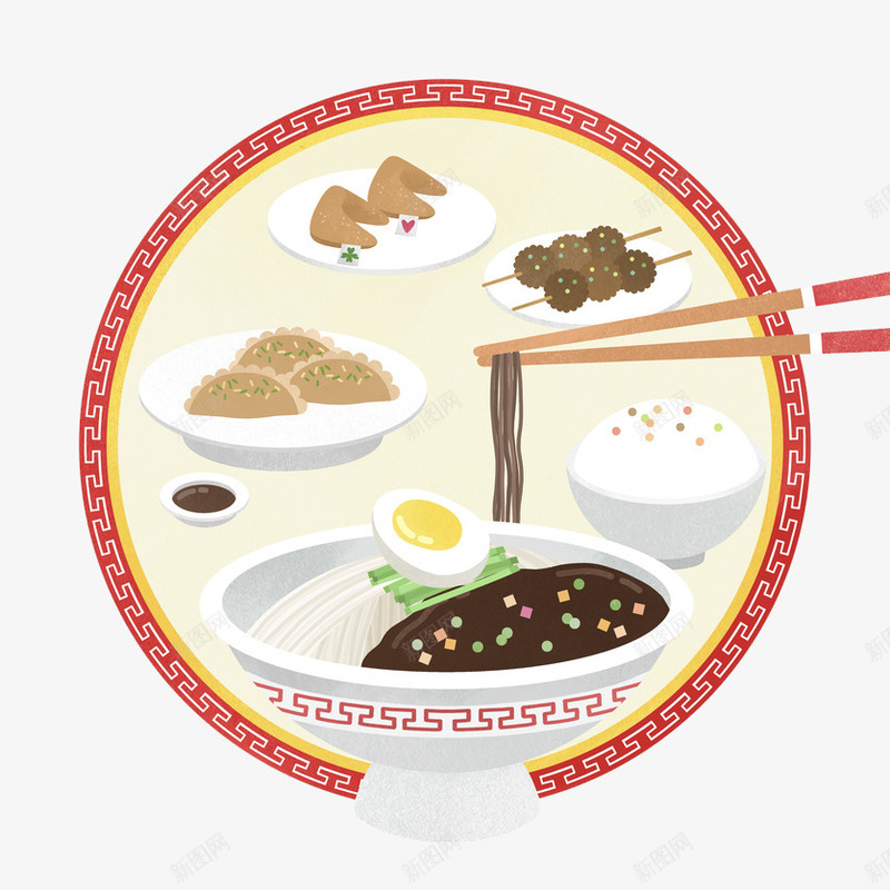 中国风美食图png免抠素材_新图网 https://ixintu.com 中华美食 中国风 卡通 插入图 筷子 米饭 面条 饺子