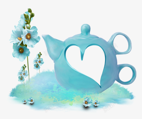 水墨花和创意水壶png免抠素材_新图网 https://ixintu.com 创意水壶 青色 青色花