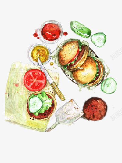 食物插画png免抠素材_新图网 https://ixintu.com 健康 汉堡 番茄 美食 青菜
