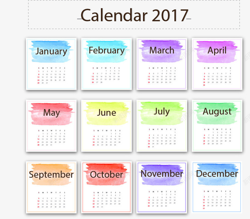 水彩标题新年日历png免抠素材_新图网 https://ixintu.com 2017年日历 彩色 新年日历 水彩 涂鸦 矢量素材 笔刷