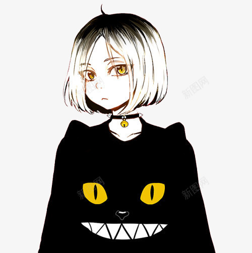 黑猫铃铛女孩png免抠素材_新图网 https://ixintu.com 卡通插画 女孩 猫女 铃铛 黄色 黑色
