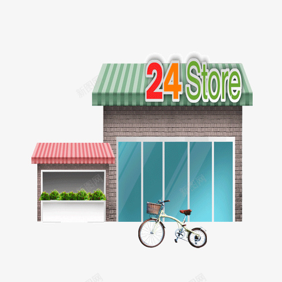 门前停自行车的二十四小时便利店png免抠素材_新图网 https://ixintu.com 便利店 建筑 自行车 装饰